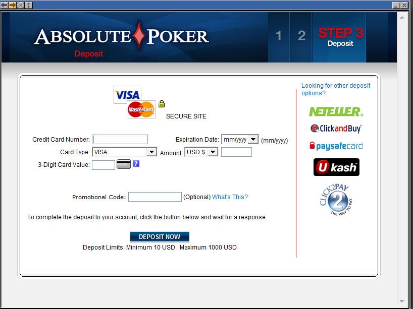 Absolute poker deposit